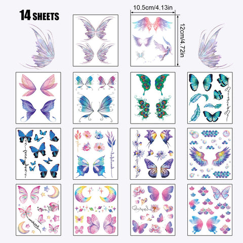 14 Sheets Glitter Butterfly Temporary Tattoos, Waterproof Fairy Wings Temporary Tattoo Body Art Fake Tattoos for Women Girls Festival Music Party Favors Cosplay Eye Face Makeup