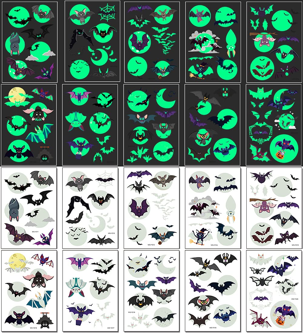 Temporary Tattoos for Kids, 73PCS Luminous Halloween Bat Theme Glow in the Dark Fake Tattoos, Body Stickers Decorations, Halloween Cosplay Face Makeup Holiday Party Favors Gifts for Adults Teens Bat