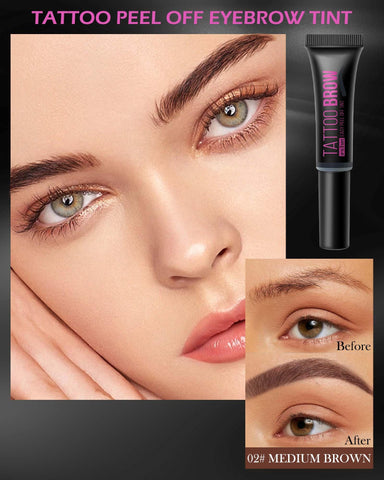 Peel Off Tattoo Eyebrow Gel-2Pcs Brown Tattoo Peel Off Eyebrow Gel Tinted, Long Lasting Waterproof Transfer-proof Tattoo Brow Peel Off Tinted Gel Brow Last Up to 3 Days, with Brow Stencil & Brush-02#