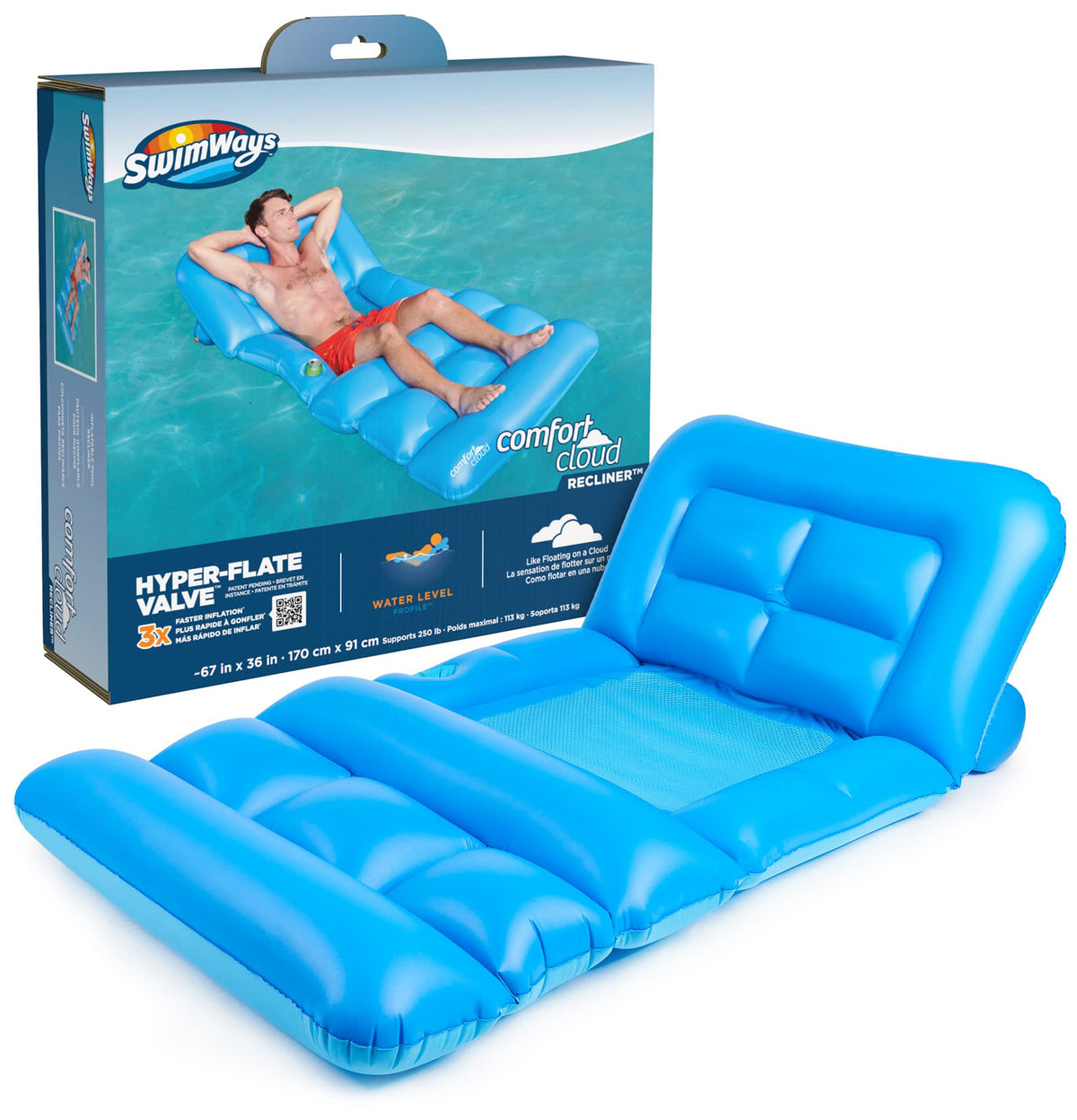 Swimways Comfort Cloud Recliner Chair with Fast Inflation, Cup Holder & Foot Rest, Oversized Inflatable Pool Floats for Adults