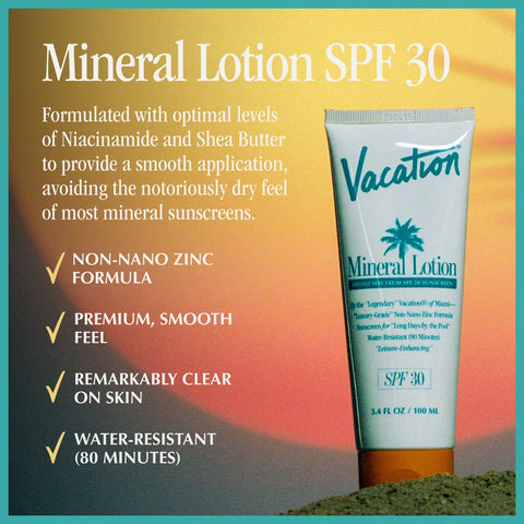 Vacation Mineral Lotion Sunscreen SPF 30 + Air Freshener Bundle, Premium Zinc Sunscreen For Sensitive Skin, Hydrating + Lightweight Mineral Based Sunscreen, Dermatologist Tested, 3.4 fl. Oz.