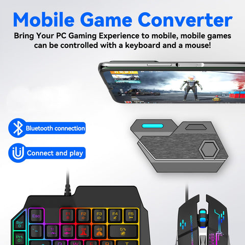 One Handed Gaming Keyboard and Mouse Combo, RGB Rainbow Backlit 35 Keys Half Hand Gaming Keyboard and Mouse Set with Wrist Rest Support and Converter for Gamer