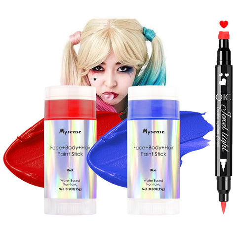 Mysense Red Blue Face Body Paint Kit,Harley Quinn Costume Makeup Accessories,Water Based Washable Temporary Hair Color,Non-toxic Cream Facepaint Stick for Adults and Children Halloween Cosplay Makeup