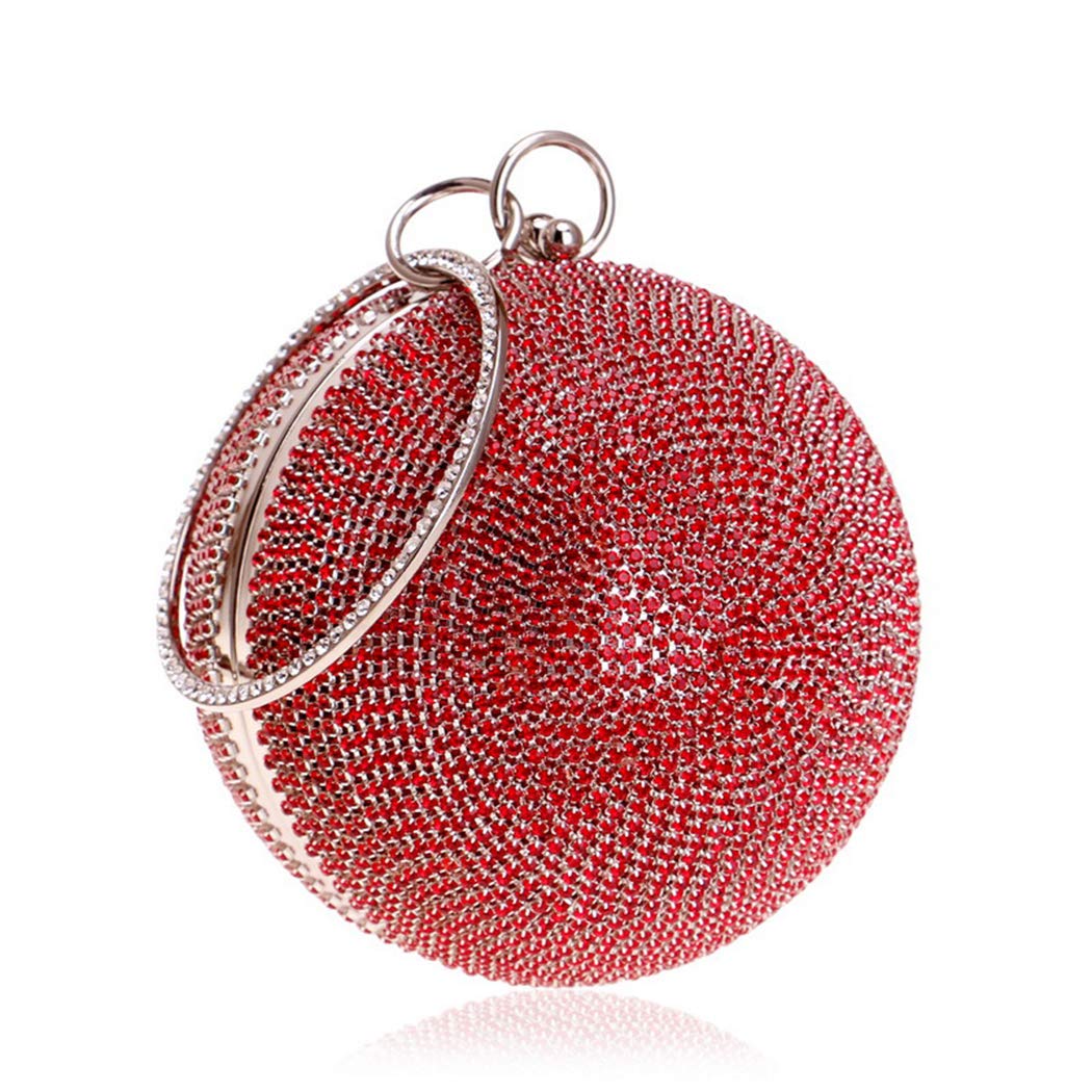 Tngan Ball Shape Clutch Purse Party Handbag Rhinestone Ring Handle Evening Bag Red