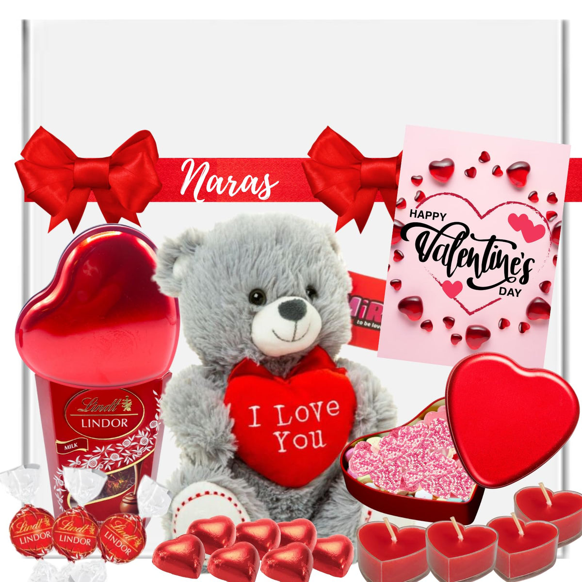 Valentines Gifts for Her and Him - Valentines Teddy Bear, Valentines Chocolate in Red Heart Tin, Lindt Chocolate, Heart Tealight Candles, Valentines Card - Valentines Sweets, Valentines Hampers