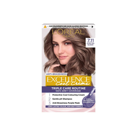 L'OrÃƒÆ’Ã†â€™Ãƒâ€šÃ‚Â©al Paris Excellence Cool CrÃƒÆ’Ã†â€™Ãƒâ€šÃ‚Â¨me Permanent Hair Dye, Radiant At-Home Hair Colour with up to 100% Grey Coverage, Pro-Keratin, Up to 8 Weeks of Colour, Colour: 7.11 Ultimate Ash Blond