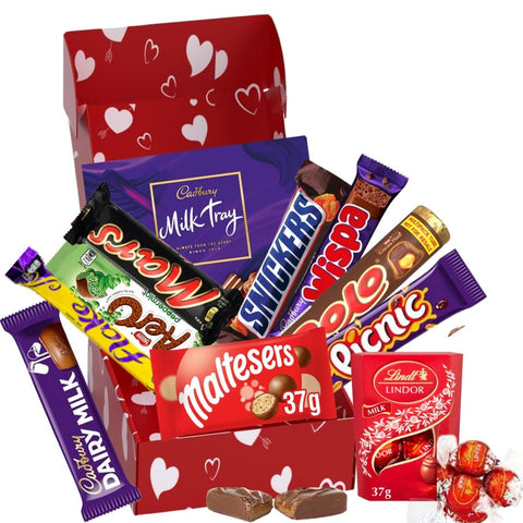 Valentine's Day Chocolate Hamper - Delicious Assorted Chocolates Treats For Him or Her - Includes Dairy Milk and Lindts Chocolate - Great Gift Box For Couples - Wife - Girlfriend