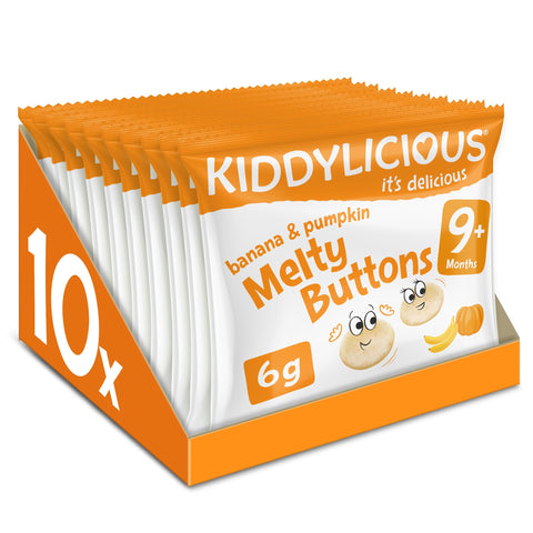 Kiddylicious Banana & Pumpkin Melty Buttons - Delicious Snacks for Kids - Suitable for 9+ Months - 10 Packs