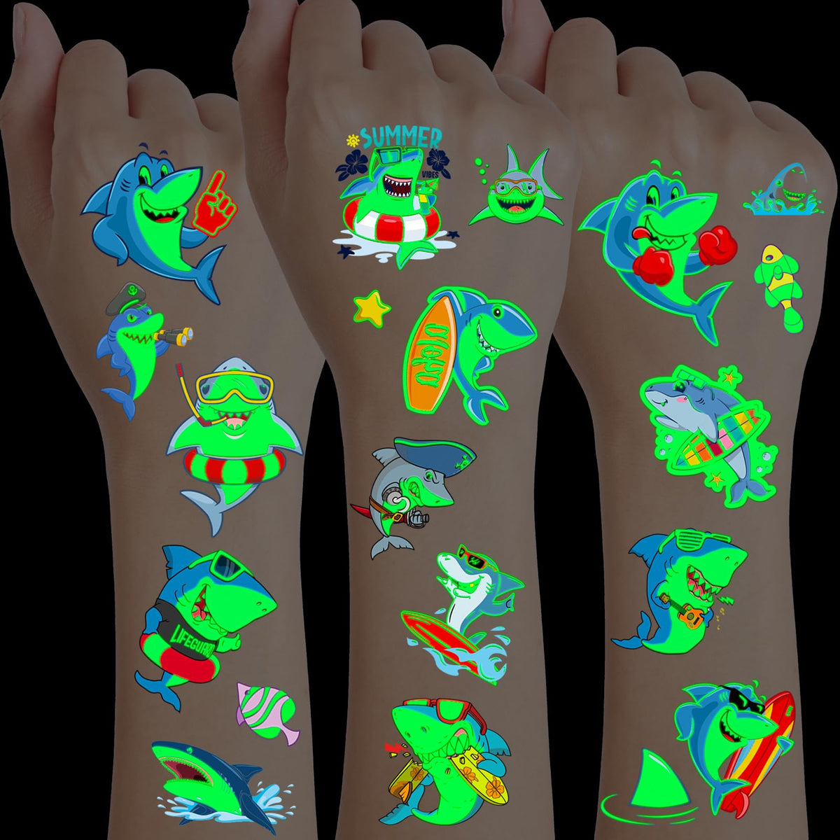 Shark Temporary Tattoos, Konsait 10 Sheets Glow Shark Tattoos for Kids Adults, Under the Sea Tattoos Shark Party Favors, Shark Ocean Temporary Tattoos for Boy Girls Kids Party Bag Filler