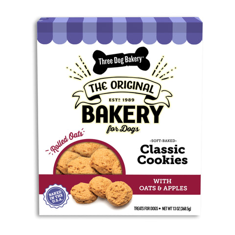 Three Dog Bakery Soft Baked Classic Cookies with Oats and Apple, Premium Treats for Dogs, 13 Ounce Box (114334)