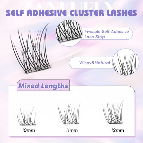 Self Adhesive Cluster Lashes Natural No Glue Individual Lashes Wispy Self Adhesive Eyelash Clusters with Clear Self Adhesive Strips DIY Eyelash Extensions(10-12MM)