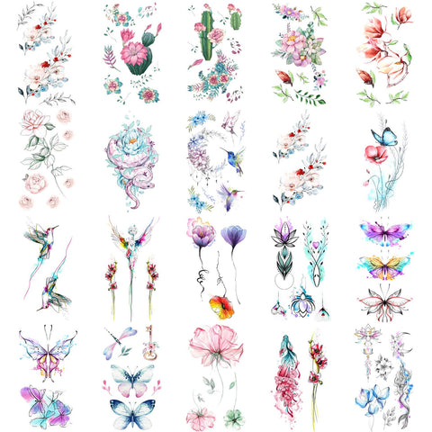 20 Sheets Small Flower Floral Animals Temporary Tattoo, Hands Face Tatoo Sticker for Men Women, Snake Birds Semitransparent Designs Body Art on Arm Neck Shoulder Clavicle Waterproof