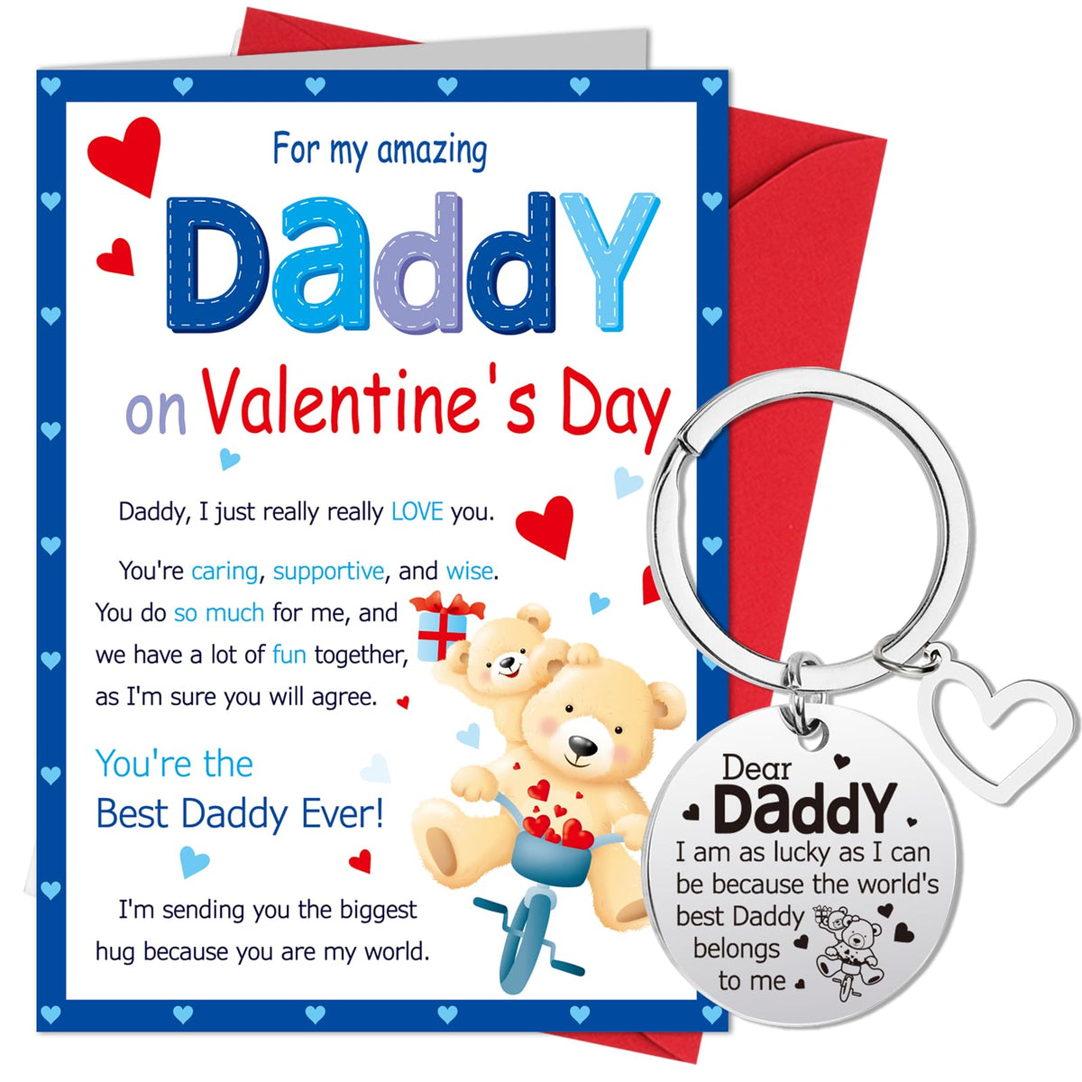 HOWAF Daddy Valentines Day Card, Valentines Card for Daddy from Daughter Son, Happy Valentine's Day Daddy Valentines Card for Dad Valentines Card with Keyring Valentines Gifts for Daddy Dad