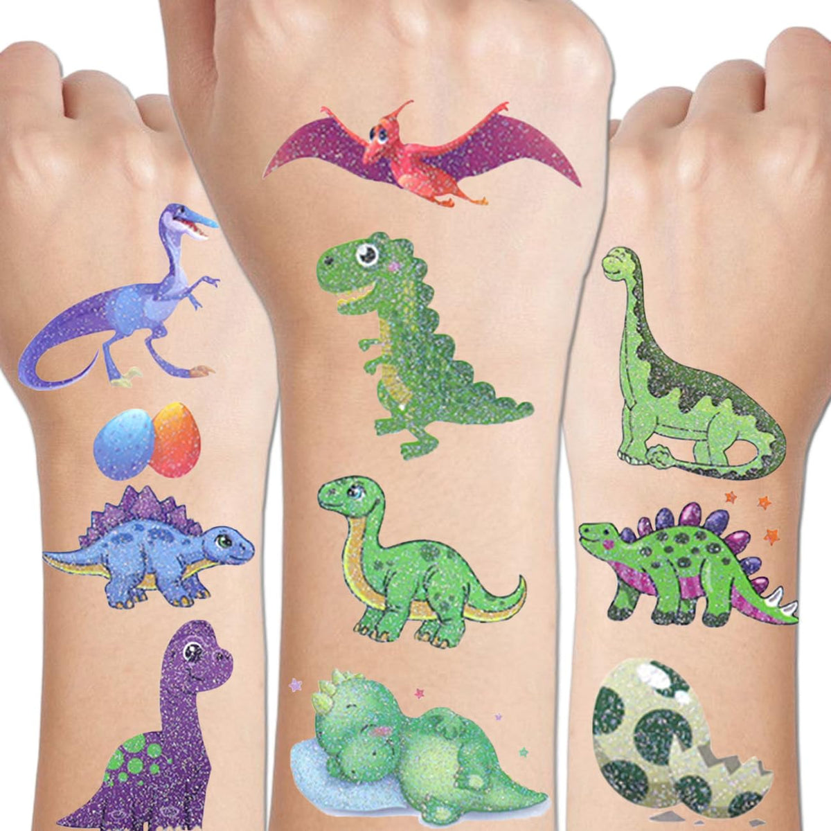 CHARLENT 110 Glitter Styles Dinosaur Temporary Tattoos for Kids - 14 Sheets Glitter Dinosaur Tattoos for Boys Girls Dino Birthday Party Favors Goodie Bag Fillers