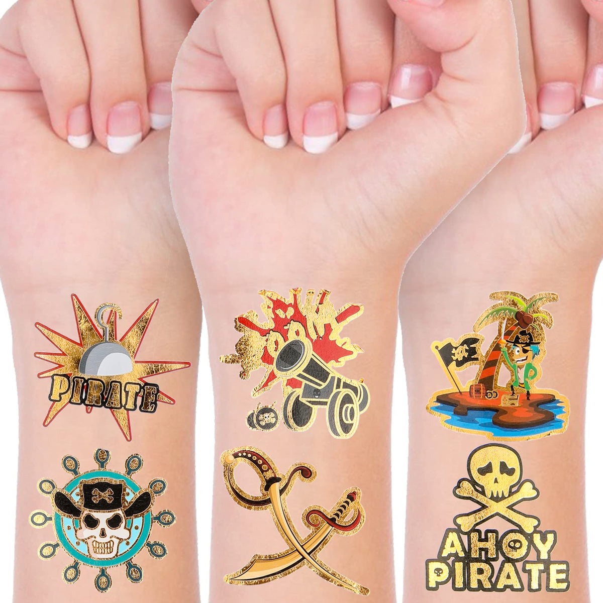 Konsait 96PCS Pirate Temporary Tattoos for Kids,Metallic Glitter Neverland Pirated Skull Cannon Powder Treasure Box Tattoo Sticker for Pirate Birthday Party Favors Supplies Boys Girls Party Bag Filler