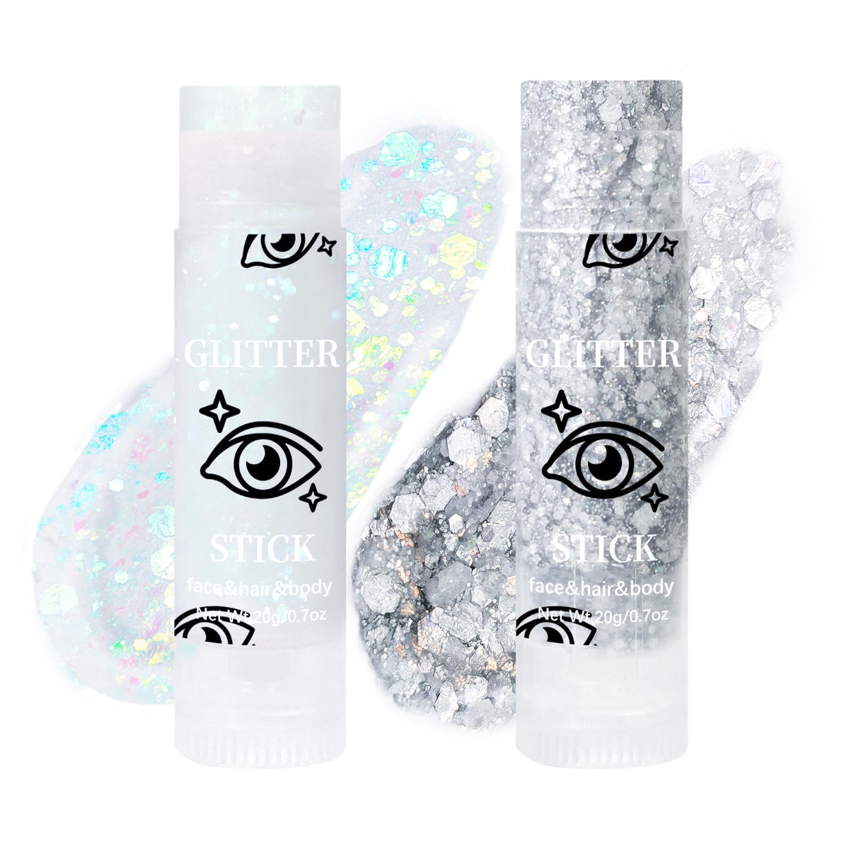 DAGEDA 2 Colors Body Glitter Stick, Face Glitter Hair Glitter Eyeshadow for Rave Accessories,Chunky Glitter Face Paint Body Shimmer,Holographic Body Glitter Gel for Glitte Makeup (White+Silver)