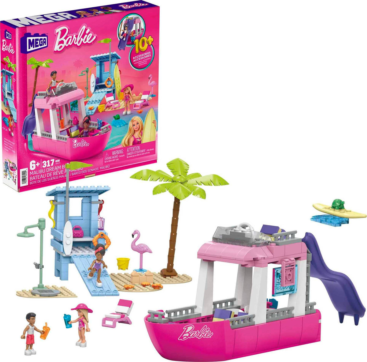 Mega Barbie Kids Building Toy Set, Malibu Dream Boat with 317 Pieces, 2 Micro-Dolls and Accessories, Pink, Ages 6+ Years