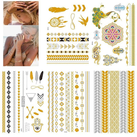 KOBOKO 6 Sheets of Gold Temporary Tattoos, Temporary Tattoo, Women's Flash Fake Golden Tattoo, Leaves Metallic Flash Tattoos in Gold, Silver & Black Temporary, The Perfect Festival & Party Accessory