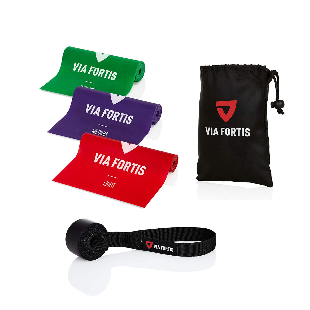 VIA FORTIS Fitness Bands Set incl. Door Anchor and Bag - 3 Fitness Bands in Different Strengths for Yoga, Muscle Building, Gymnastics, Rehab UVM.