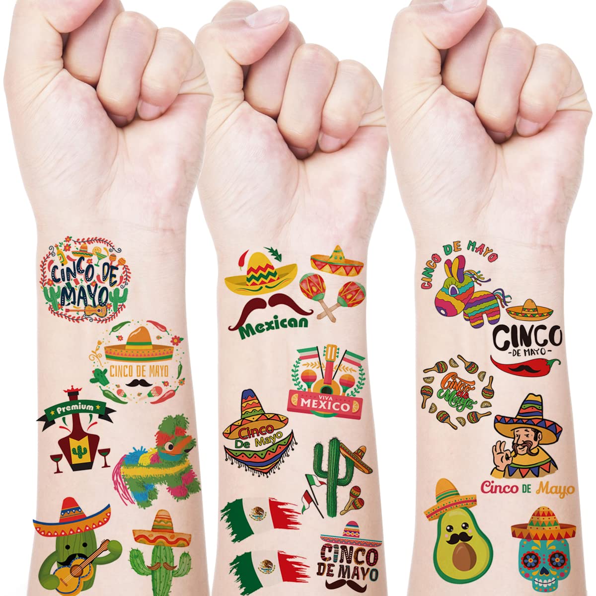 Cinco De Mayo Tattoo Supplies Fiesta Party Temporary Tattoo Fake Tattoos Letter Sombrero Hats Design Mexican Themed Party Tattoo Stickers Decals Waterproof Face Body Tattoo Decorations 20PCS