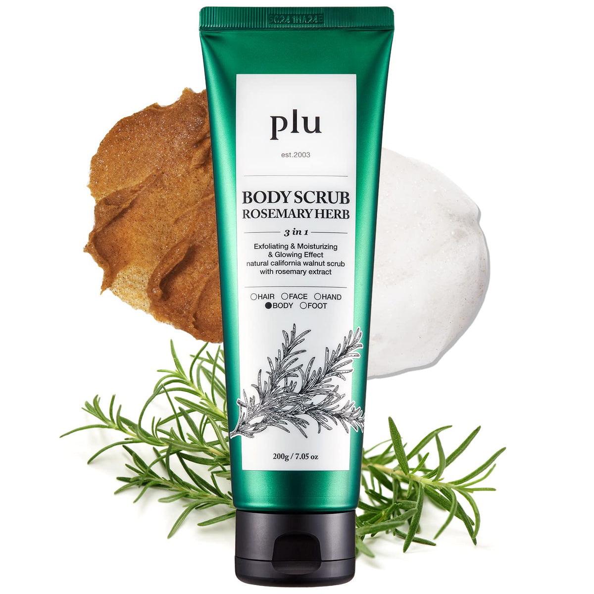 PLU Original Walnut Body Scrub Polish - Rosemary Herb - Exfoliating & Moisturizing & Glow - for Acne, Cellulite, Stretch Marks, Spider Veins - Fresh Chamomile & Rosemary Scent, 6.76 oz.