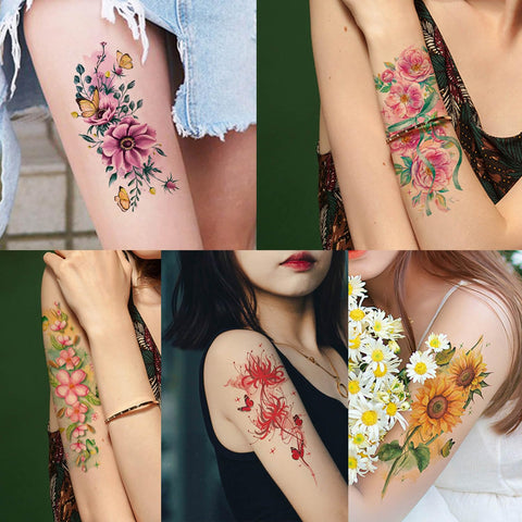 GLARYYEARS Floral Temporary Tattoo for Women, 12-Pack Large Realistic Fake Tattoos, Long lasting Beautiful 3D Flower tattoos, Makeup on Half Arm Leg Body Thigh