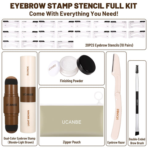 UCANBE 25PCS Eyebrow Stamp Stencil Kit With Dual-Color Eyebrow Stamp Pomade,20 Reusable Eyebrow Stencils,Finising Powder,Brush,Eyebrow Razor,Zipper Pouch,Waterproof Eye Brow Stamping and Shaping Kit01