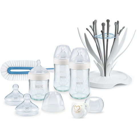 NUK Nature Sense Glass Bottle Set 0-6 Months 3 Baby Bottles (1 x 120 ml & 2 x 240 ml) 2 Drinking Teats Bottle Bust Dry Stand Genius Dummy 0-6 Months Pack of 8