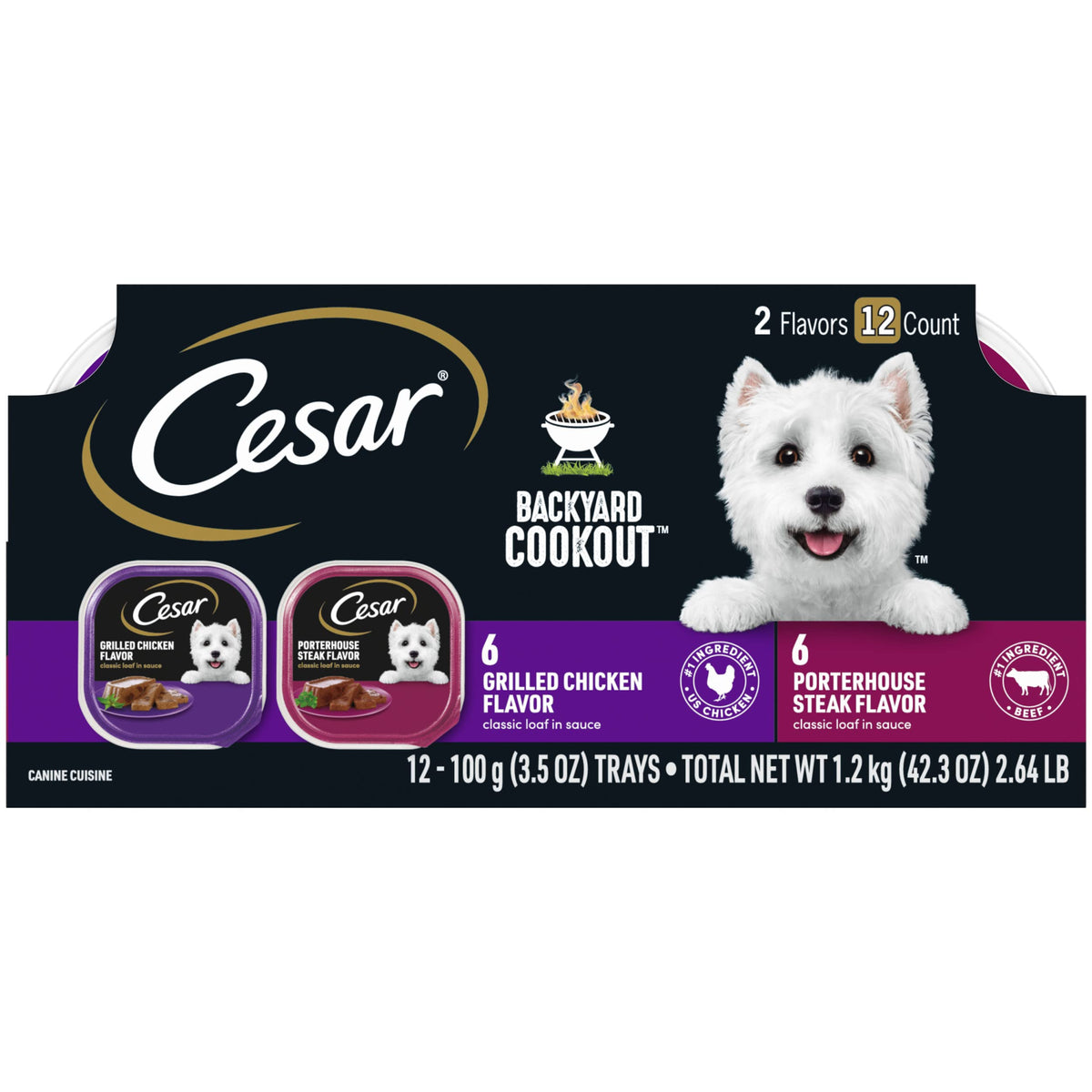 CESAR BACKYARD COOKOUT Adult Wet Dog Food Classic Loaf in Sauce Variety Pack, Grilled Chicken and Porterhouse Steak Flavors, (12) 3.5 oz. Easy Peel Trays