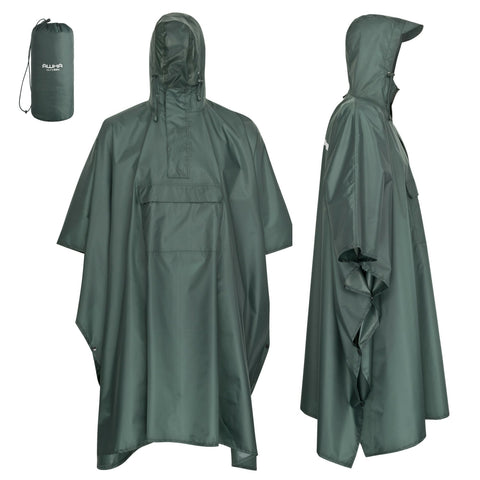 AWHA rain poncho green/unisex, size S/M - the extra-long rain protection with zipper and Chest pocket