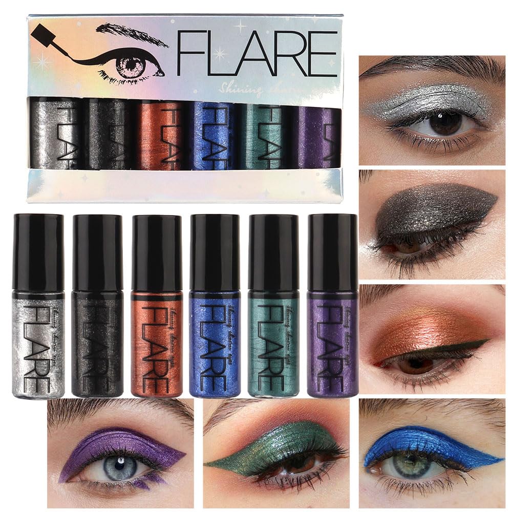 Kaely 6Pcs Glitter Liquid Eyeshadow Stick Kit,Black Silver Bronze Blue Cyan Purple Shimmer Eye Shadow,Waterproof Eyeliner Eyelid Sparkling Makeup,sombras liquidas para ojos,Quick-Drying,Set C