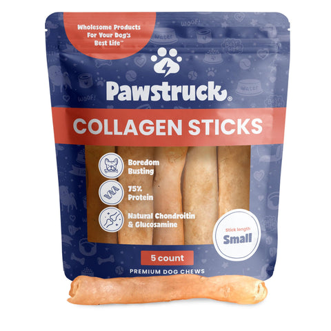 Pawstruck Natural 5-7" Beef Collagen Sticks for Dogs - Healthy Long Lasting Alternative to Traditional Rawhide - High Protein Low Fat w/Chondroitin & Glucosamine - 5 Count - Packaging May Vary