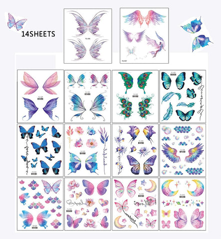 14 Sheets Glitter Butterfly Temporary Tattoos for Women Girls Butterflies Wings Flowers Moon Star Shiny Face Art Tattoos Sticker Fake Tattoos Decals Accessories for Eye Body Makeup Festival Parties