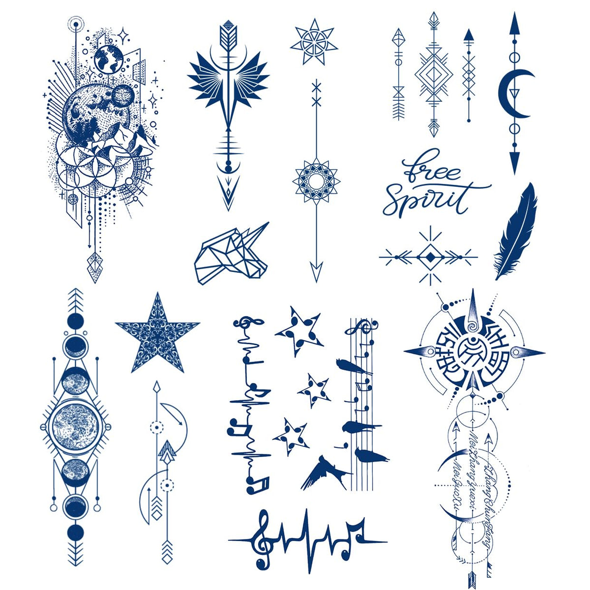 Waterproof Semi Permanent Tattoos - Pack of 6, Temporary Tattoo Kids with Arrow, Stars, Musical Notes, Space, Feathers, Compass Designs, Fake Tattoos