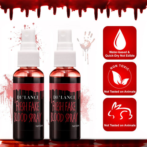 2 PSC Washable Fake Blood Spray,Halloween Fake Blood Splatter, DE'LANCI Liquid Blood for Clothes,Skin and Eye Drops,Squirt Fake Blood Makeup for Vampire Monster Zombie Bride and Costumes,100g(3.53 Oz)