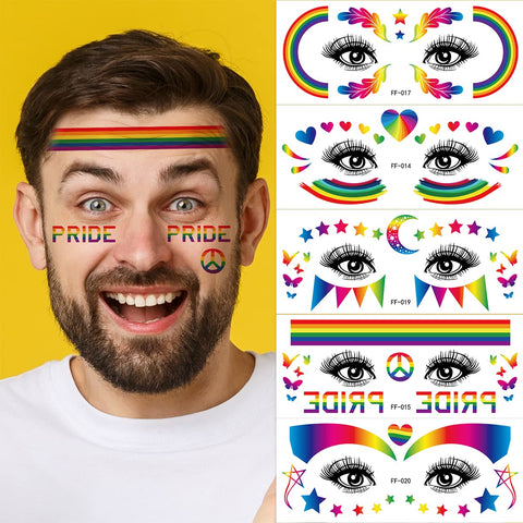 Gay Pride Day Face Temporary Tattoo Sticker 10 Designs Rainbow Stripes Flag Heart Star Butterfly Pattern Stickers LGBT Flash Body Art Temporary Tattoos for Women Men Gay Pride Day Parades Party Favors