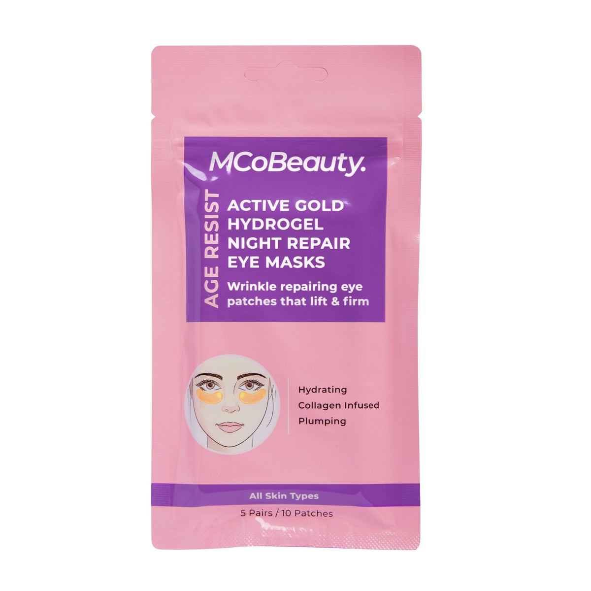 MCoBeauty Age Resist Active Gold Hydrogel Night Repair Eye Patches, Brightening & De-Puffing, with Collagen and Hyaluronic Acid, Vegan, Cruelty Free Cosmetics