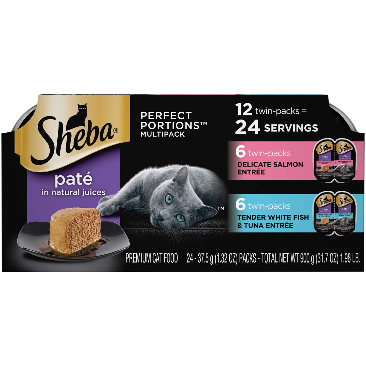 Sheba Perfect Portions Multipack Delicate Salmon and Tender Whitefish & Tuna Entrees Wet Cat Food, 2.64 oz., Count of 12