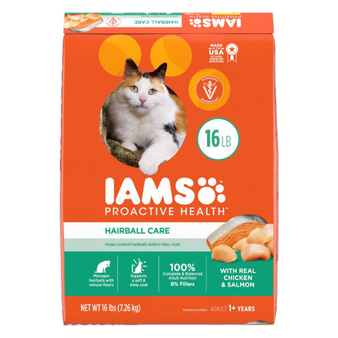 IAMS PROACTIVE HEALTH Adult Hairball Care Dry Cat Food with Chicken and Salmon Cat Kibble, 16 lb. Bag