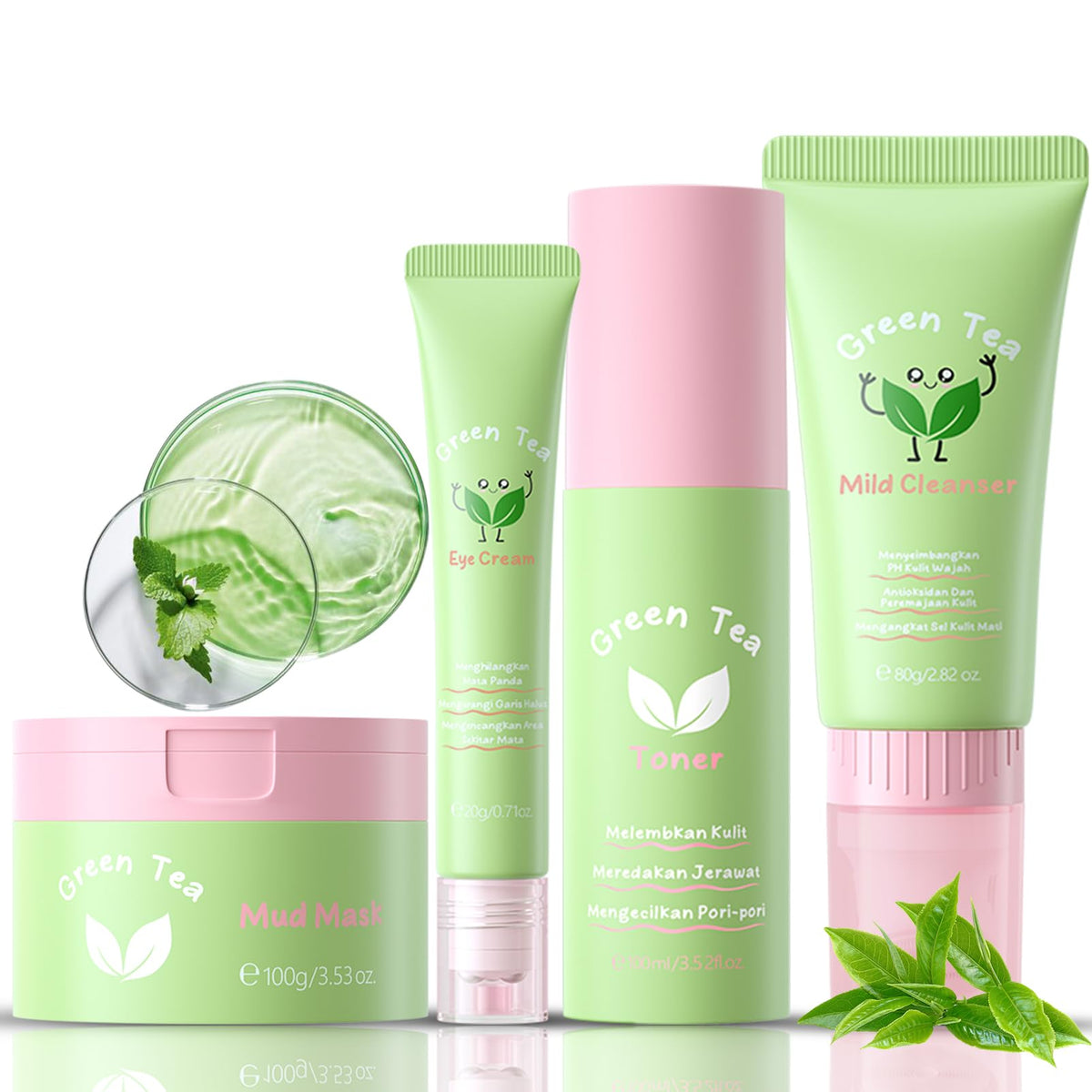 Green Tea Korean Skin Care Set, 4-In-1 Skincare Set for Women & Teen Girls, Skin Care Products with Eye Cream, Cleanser, Mud Mask, Toner, Control Oil, Shrink Pores, Skincare Sets for Teen Girls