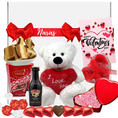 Valentines Hampers for Her and Him - Teddy Bear, Irish Cream Liqueur, Lindt Chocolate, Heart Tin Assorted Valentines Chocolate, Valentines Card - Valentines Day Hamper Gifts for Girlfriend Boyfriend