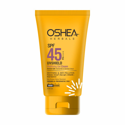 Oshea Herbals UVShield Mattifying Gel Sunscreen Cream SPF 45 PA +++ for All Skin Types | Non Greasy & Water Resistant | Blue Light, UVA & UVB Protection | Enriched with Chamomile Extract 120g