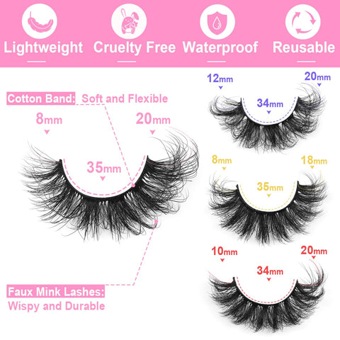 Mink Lashes Fluffy Faux Mink Eyelashes Wispy 20mm Long D Curl Lashes Russian Cat Eye Strip Lashes Extensions Fluffy Eyelashes Pack 20 Pairs