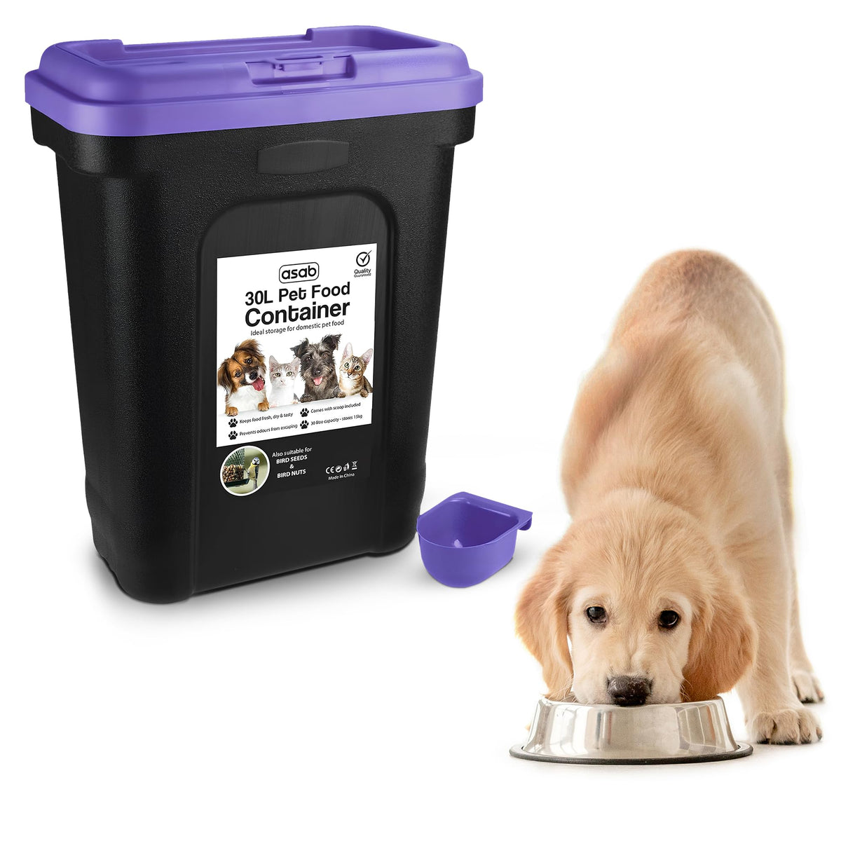 ASAB Pet Food Storage Container Large 30L/15kg Plastic Food Storage Container With Integrated Food Scoop and Flip Top Locking System Perfect for Dog Treats Dog Food and Kitten Food (Purple, Large)