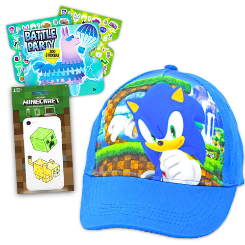 Sonic the Hedgehog Hat Set - Bundle with Sonic Baseball Cap, Battle Party Stickers and Minecraft Decals | Sonic Merchandise for Boys and Kids