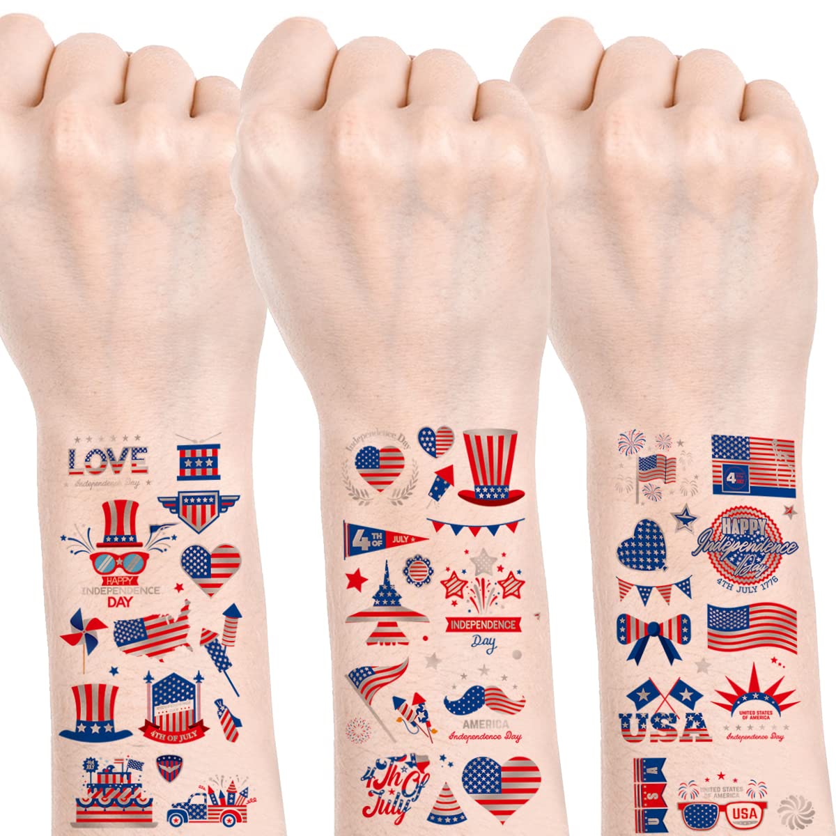 White Blue Red Temporary Tattoo 4th of July Fake Tattoos Patriotic Party Tattoo Supplies Independence Day Tattoo Stickers Decals Memorial Day USA Waterproof Tattoo Decorations for Adults 10PCS