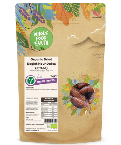 Wholefood Earth Organic Dried Deglet Nour Dates (Pitted) - 2 kg | GMO Free | Raw | Vegan | High Fibre | Certified Organic