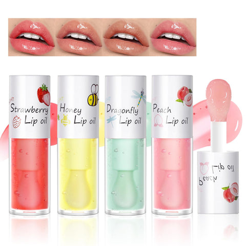 HOSAILY 4 Pcs Crystal Jelly Lip Oil, Fruit Flavoured Hydrating Honey Lip Glow Oil Lip Care, Moisturizing Long Lasting Clear Lip Oil Plumping Lip Gloss Bee Balm for Dry Lips Makeup