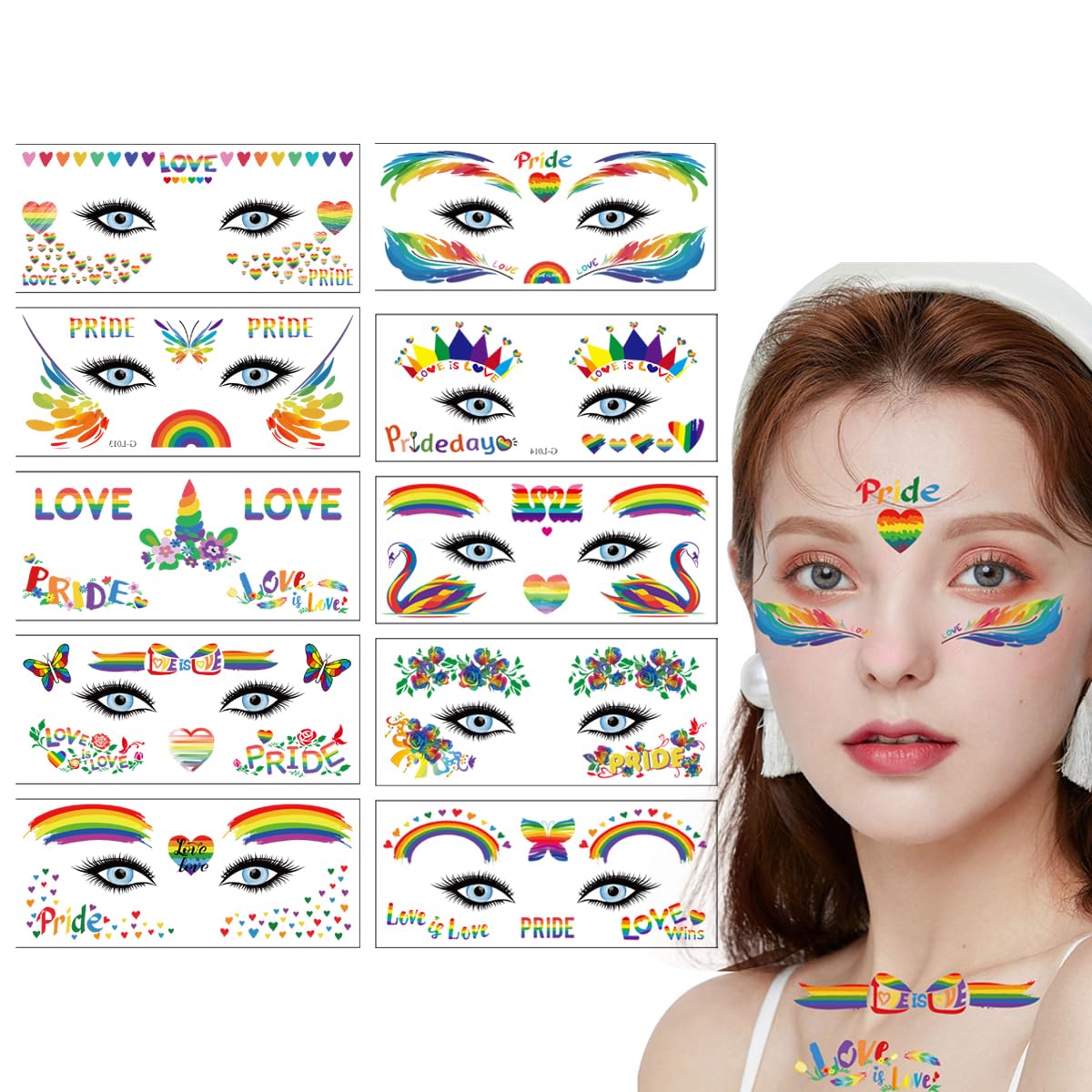 Doneace Pride Day Face Tattoo Stickers Rainbow Temporary Tattoos 10 Sheets Gay Pride Rainbow Face Stickers Waterproof Rainbow Flag Tattoos for Adults Kids Pride Equality Parades and Celebrations