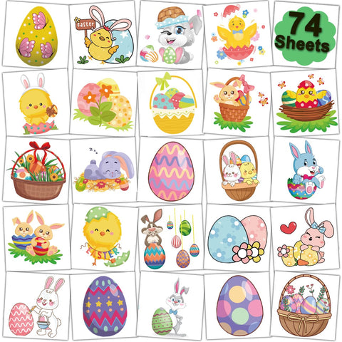 CHARLENT Easter Temporary Tattoos for Kids Party Supplies - 74 Individually Sheets Easter Egg Bunny Tattoos for Boys Girls Party Favors Goodie Bag Fillers